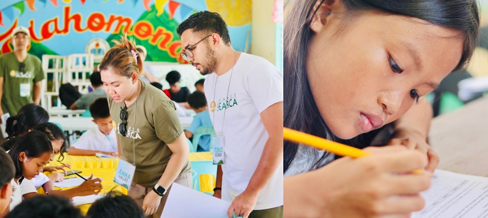 Ms. Vallez and Mr. Flores facilitate the survey of schoolchildren at Salvacion National High School and Salvacion Elementary School, Busuanga, Palawan.