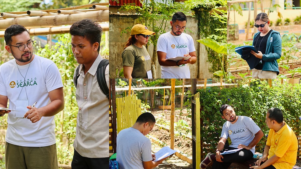 Ms. Vallez and Mr. Flores, with the assistance of Mr. Gabo, conduct the monitoring and evaluation of school gardens across nine pilot schools in Busuanga and Coron in Palawan.